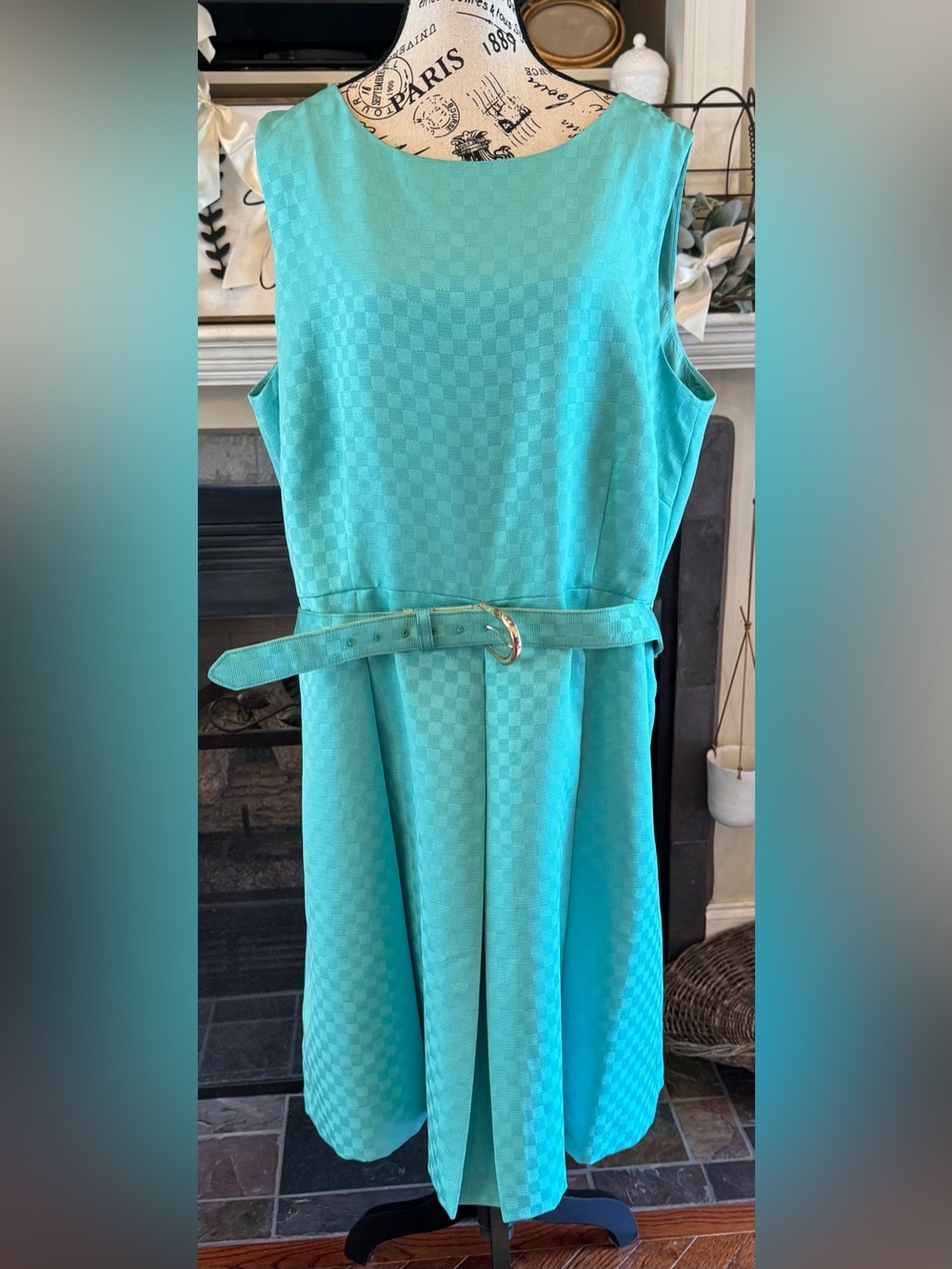 ASL Tahari Teal Aqua Blue Sleeveless Belted Pleated Fit Flare Cocktail Dress 20W - Picture 2 of 8